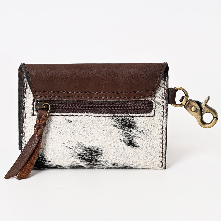 American Darling Hair-On Cowhide Hand Tooled Floral Carved Genuine Leather Coin Purse Buck Stitched Vegetable-Tanned
