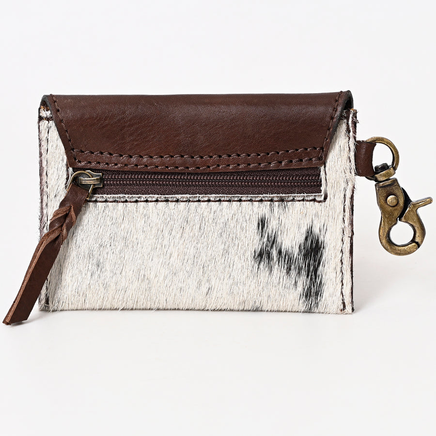 American Darling Hair-On Cowhide Hand Tooled Floral Carved Genuine Leather Coin Purse Buck Stitched Vegetable-Tanned