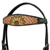 HILASON Western Horse Headstall & Breast Collar Tack Set American Leather Sunflower Carving Brown