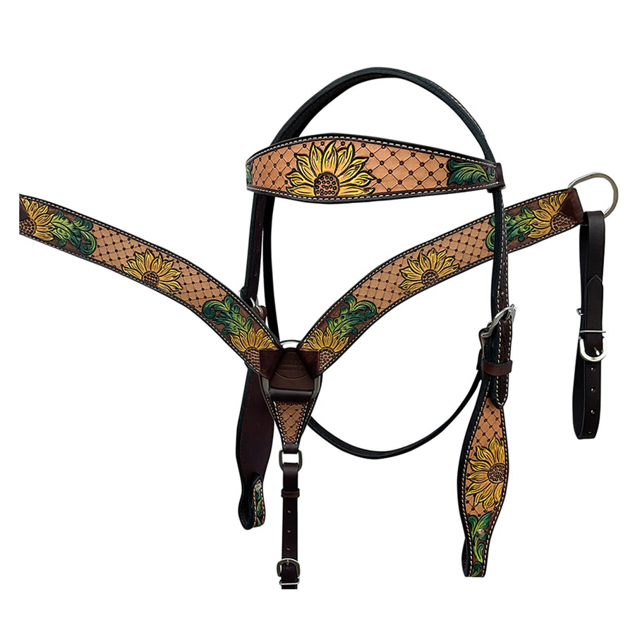 HILASON Western Horse Headstall and Breast Collar Tack Set American Leather Sunflower Carving Brown - Uhorse