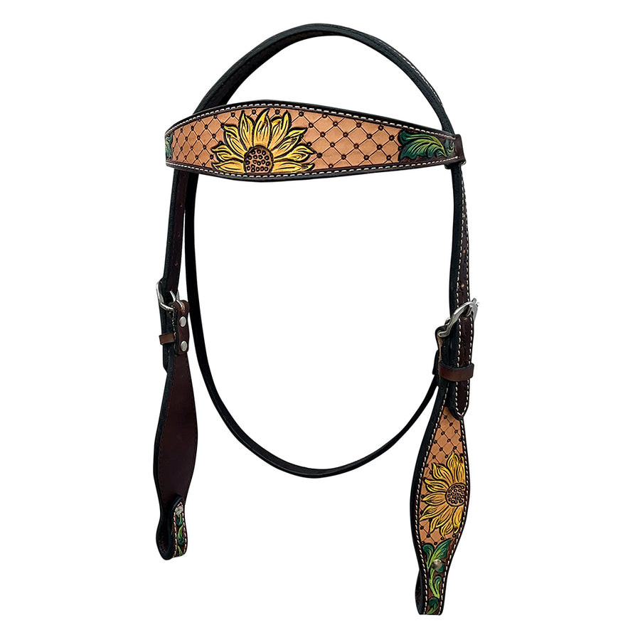 HILASON Western Horse Headstall Tack American Leather Sunflower Carving Brown - Uhorse