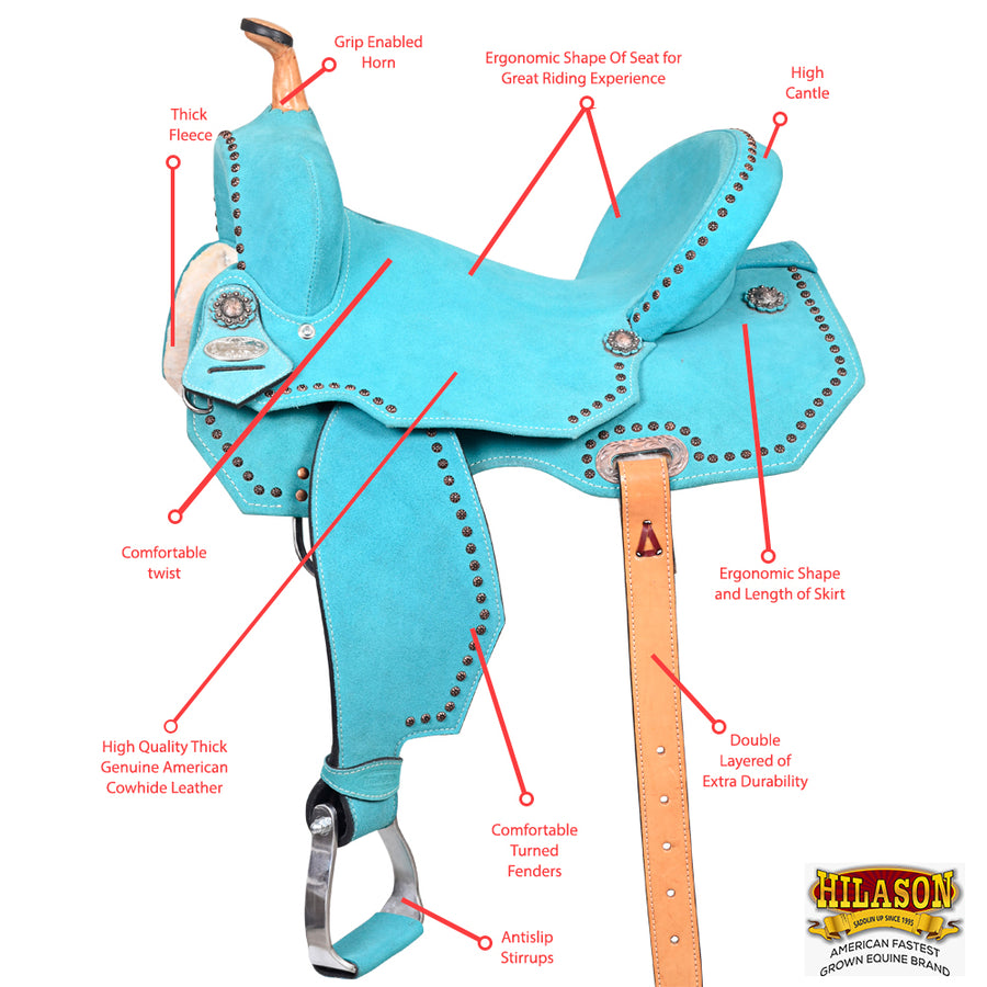 HILASON Western Horse Flex Tree Barrel Trail in Leather Saddle Turquoise | for Horses