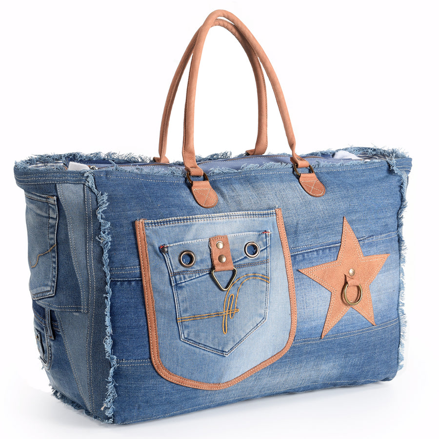 OHLAY KB535 DUFFEL 100% Cotton Demin Genuine Leather women bag western by Hilason – Cowboy and equestrian accessories