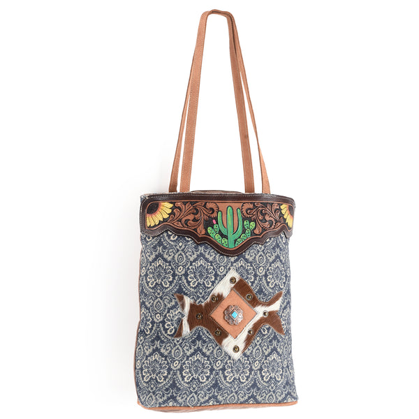 OHLAY KB542 TOTE Hand Tooled Upcycled Canvas Hair-on Genuine Leather by Hilason – Cowboy and equestrian accessories