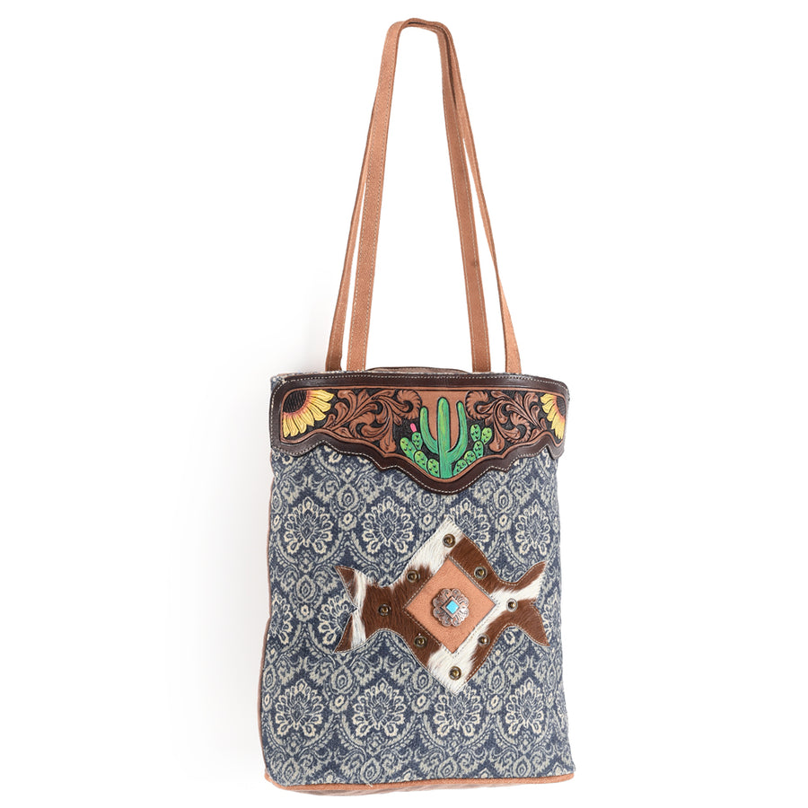 OHLAY KB542 TOTE Hand Tooled Upcycled Canvas Hair-on Genuine Leather by Hilason – Cowboy and equestrian accessories