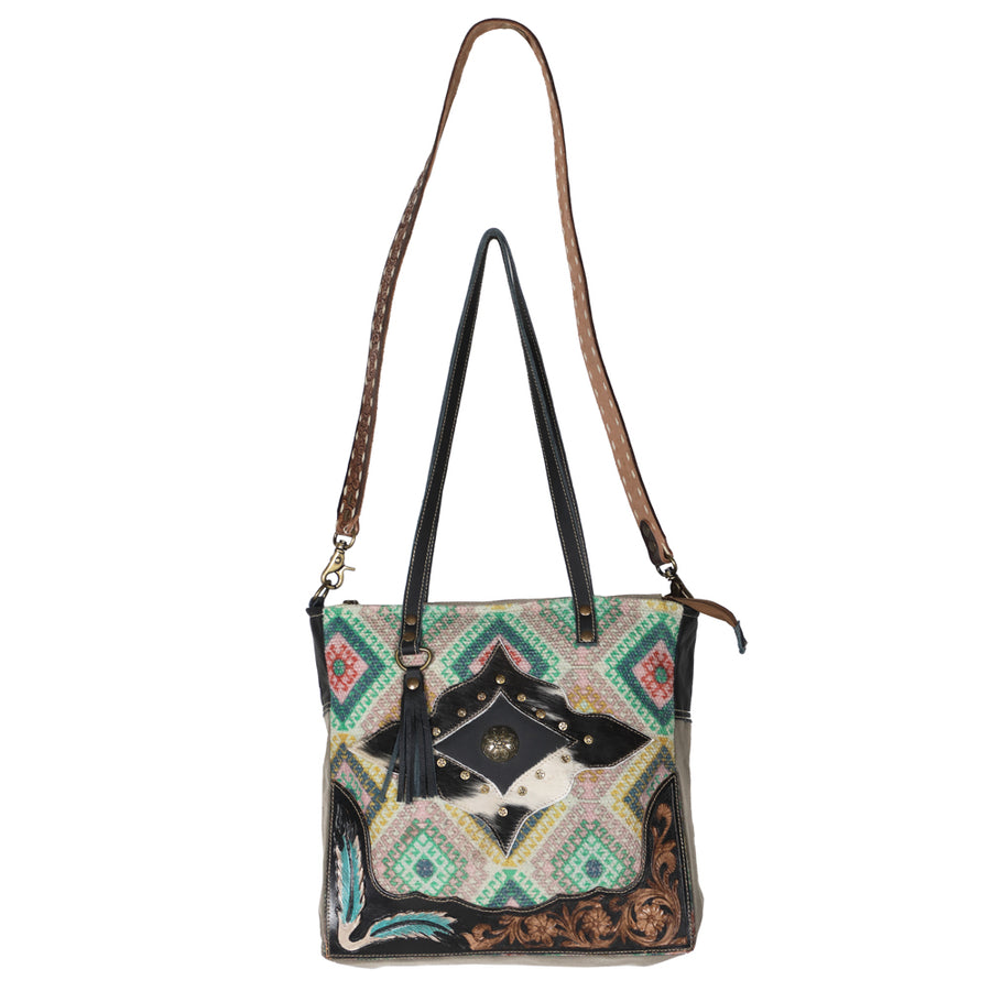 OHLAY KB593 TOTE Hand Tooled Upcycled Canvas Hair-on Genuine Leather by Hilason – Cowboy and equestrian accessories
