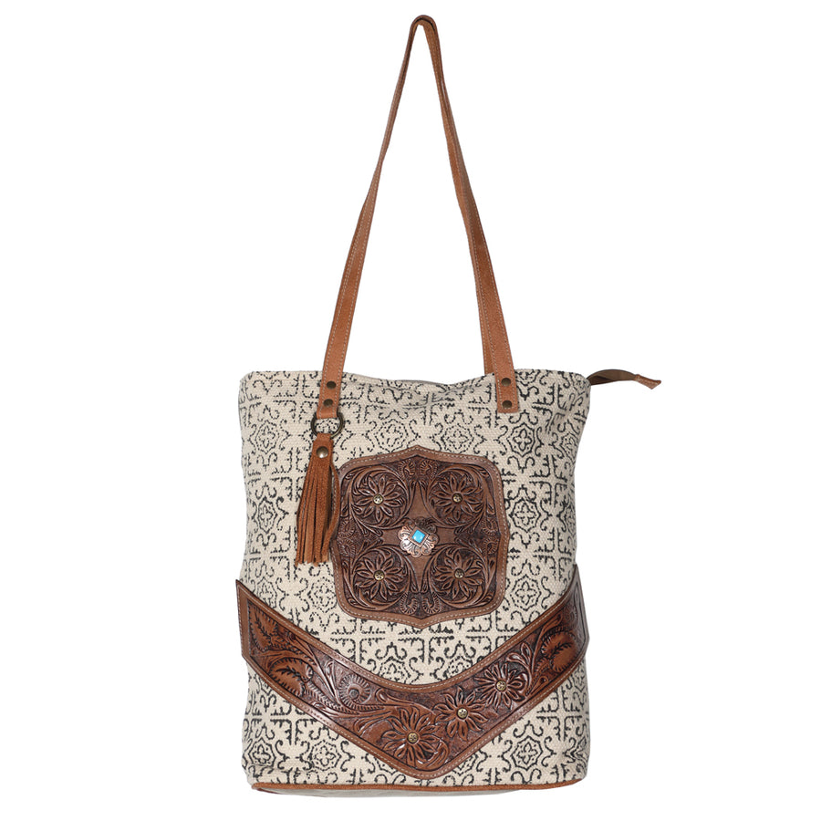 OHLAY KB594 TOTE Hand Tooled Upcycled Canvas Genuine Leather women bag by Hilason – Cowboy and equestrian accessories