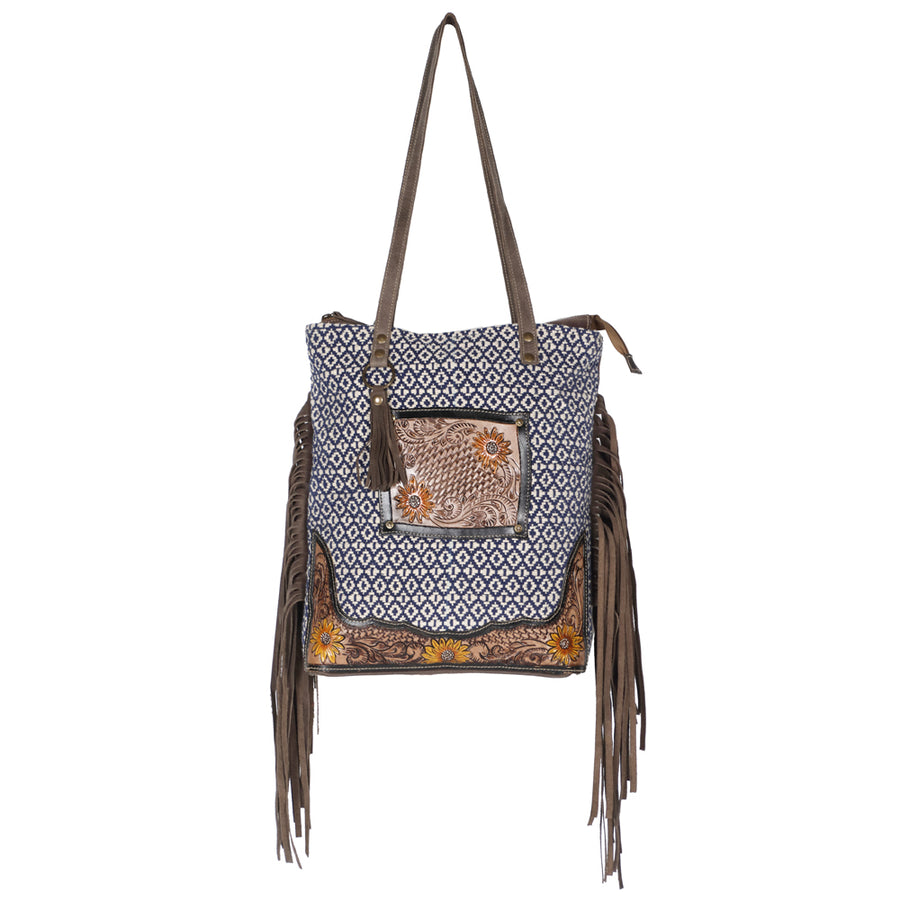 OHLAY KB595 TOTE Hand Tooled Upcycled Wool Canvas Genuine Leather by Hilason – Cowboy and equestrian accessories