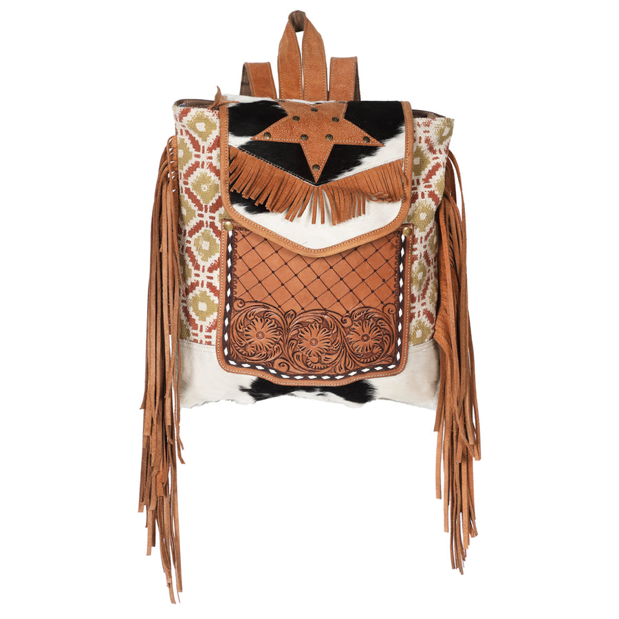 OHLAY KB598 Backpack Hand Tooled Upcycled Canvas Hair-On Genuine by Hilason – Cowboy and equestrian accessories