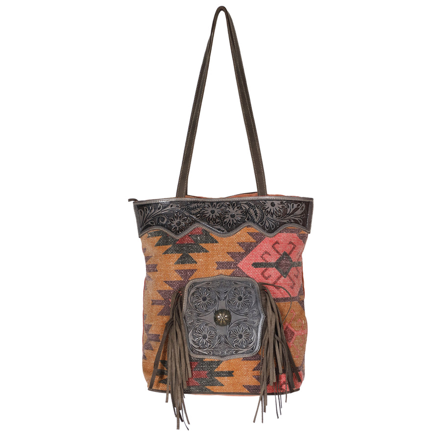 OHLAY KB609 TOTE Upcycled Wool Canvas Embossed Genuine Leather women by Hilason – Cowboy and equestrian accessories