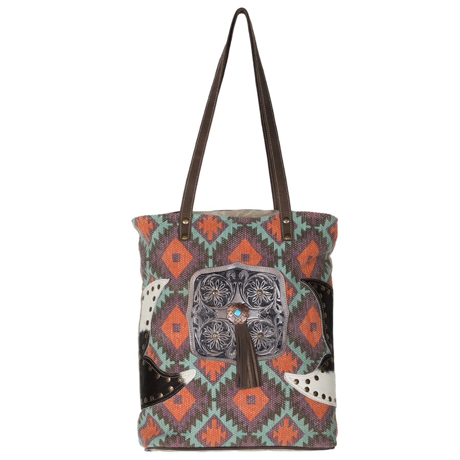 OHLAY KB610 TOTE Hand Tooled Upcycled Wool Canvas Hair-on Genuine by Hilason – Cowboy and equestrian accessories