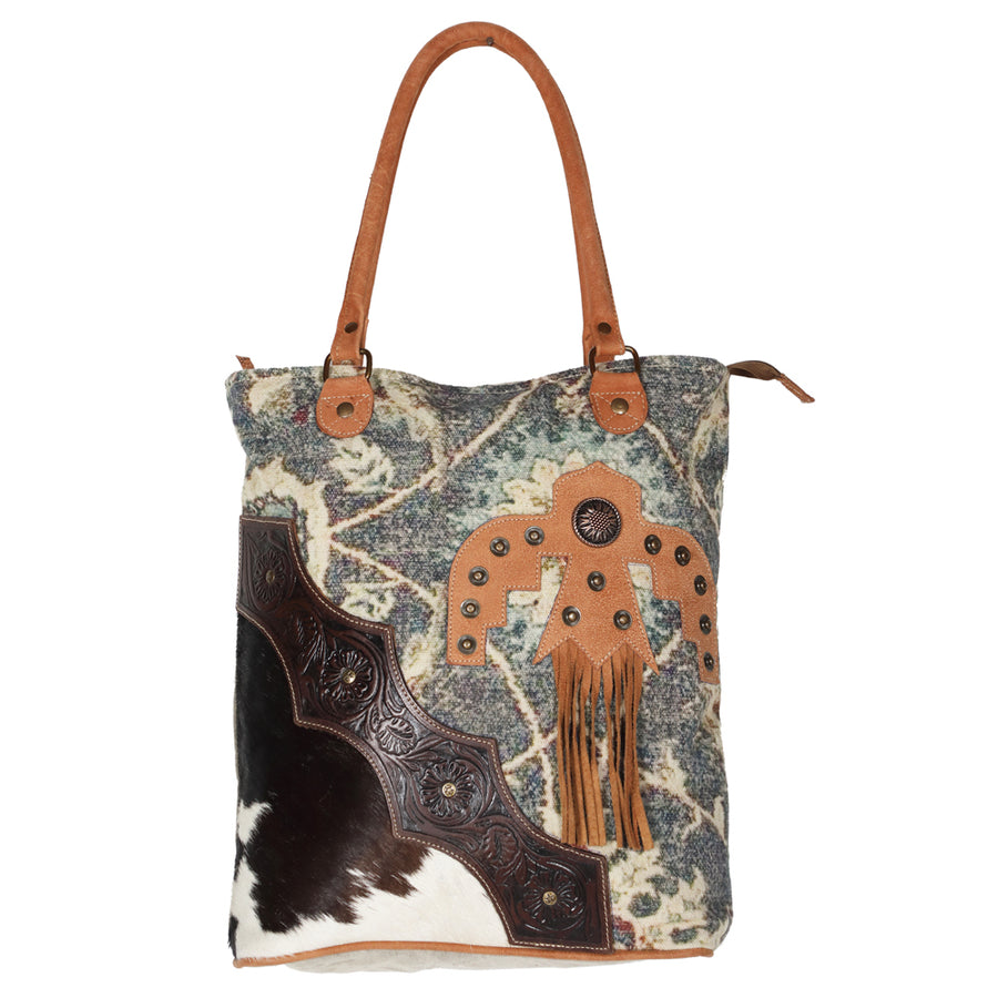 OHLAY KB614 TOTE Upcycled Canvas Embossed Hair-on Genuine Leather by Hilason – Cowboy and equestrian accessories