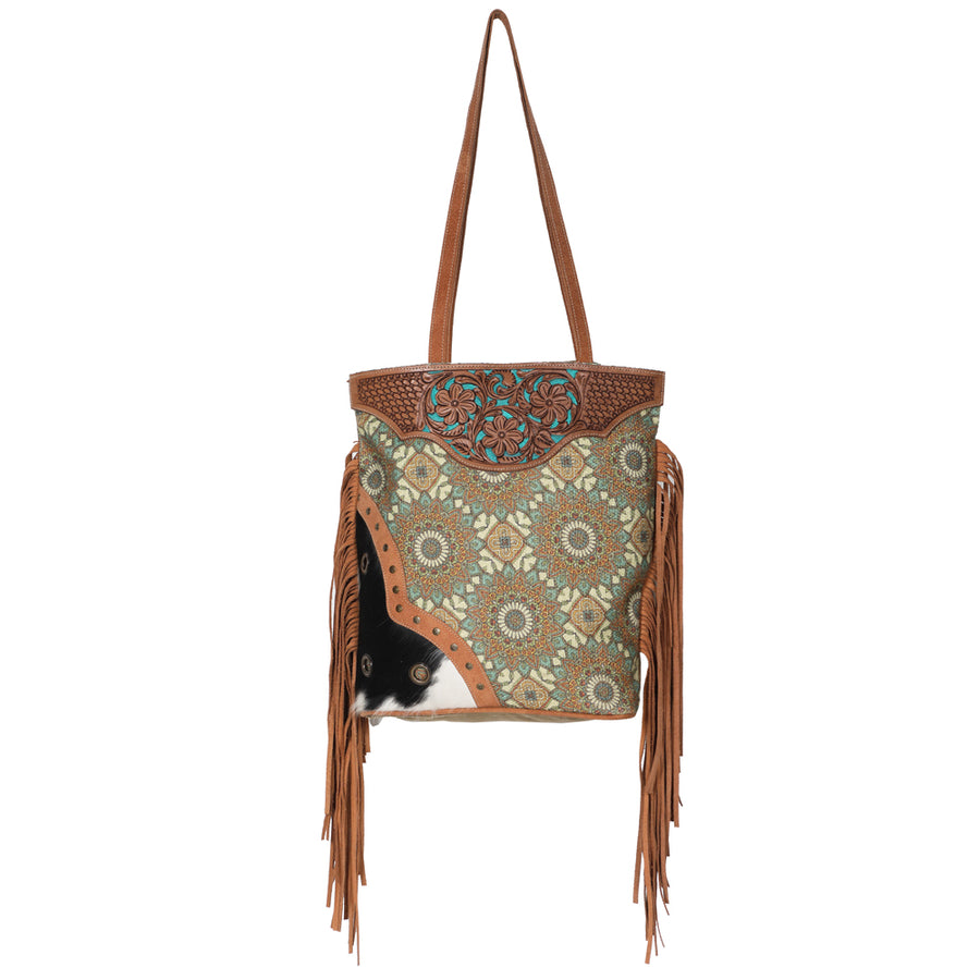 OHLAY KB624 TOTE Hand Tooled Upcycled Canvas Hair-on Genuine Leather by Hilason – Cowboy and equestrian accessories