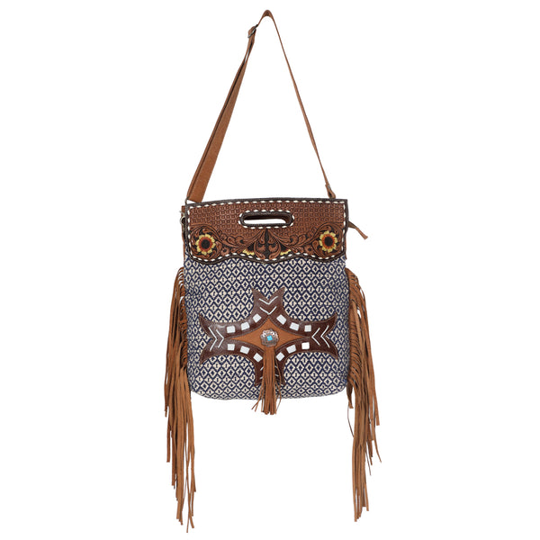 OHLAY KB628 TOTE Hand Tooled Upcycled Wool Canvas Genuine Leather by Hilason – Cowboy and equestrian accessories