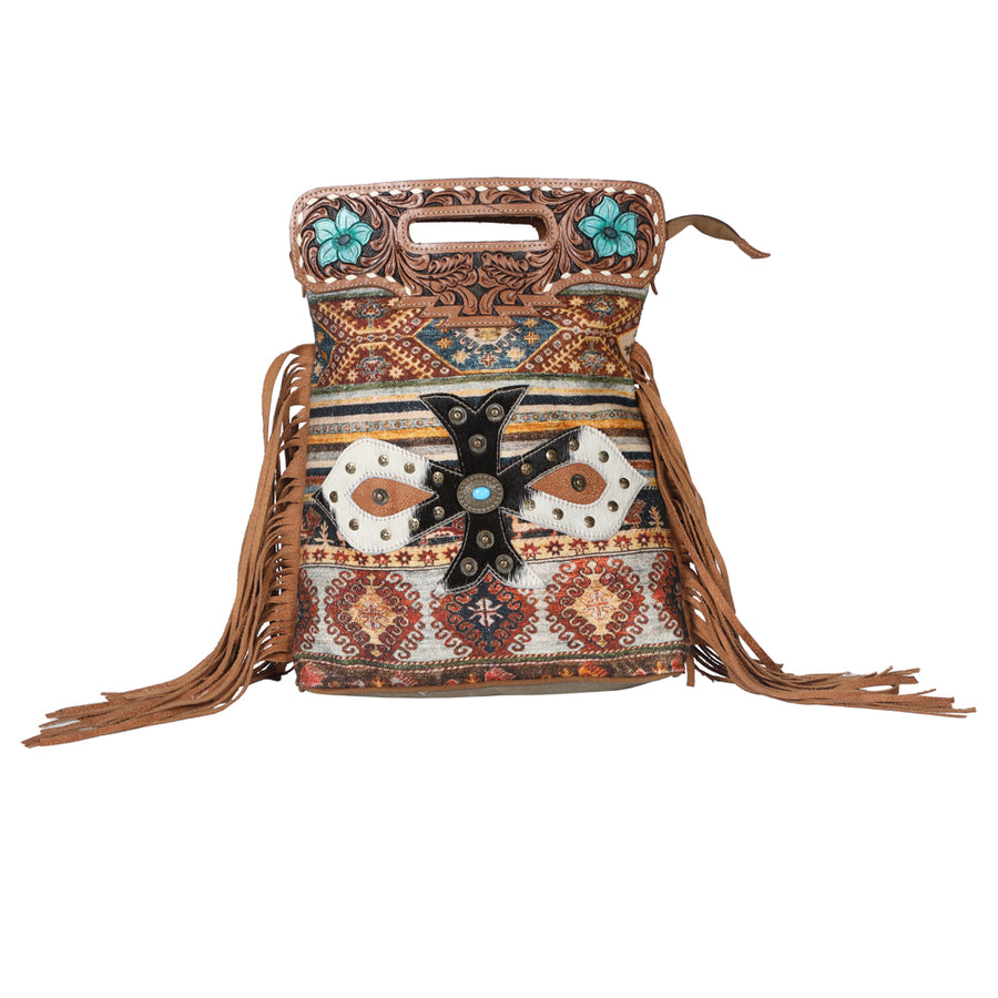 OHLAY KB629 TOTE Hand Tooled Upcycled Canvas Hair-on Genuine Leather by Hilason – Cowboy and equestrian accessories