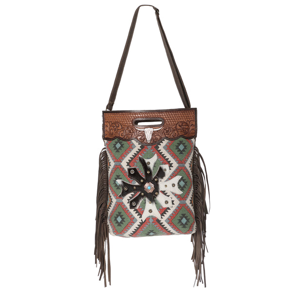 OHLAY KB630 TOTE Hand Tooled Upcycled Canvas Hair-on Genuine Leather by Hilason – Cowboy and equestrian accessories