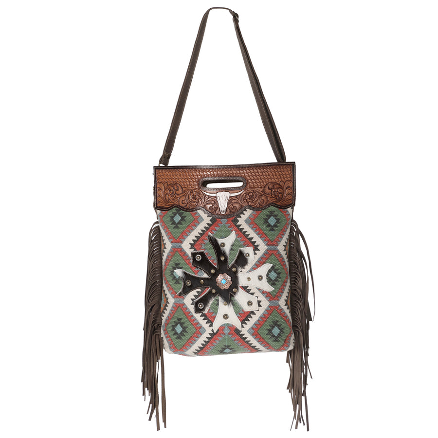 OHLAY KB630 TOTE Hand Tooled Upcycled Canvas Hair-on Genuine Leather by Hilason – Cowboy and equestrian accessories