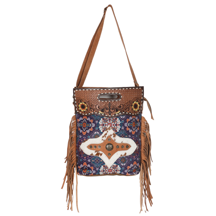 OHLAY KB631 TOTE Hand Tooled Upcycled Canvas Hair-on Genuine Leather by Hilason – Cowboy and equestrian accessories
