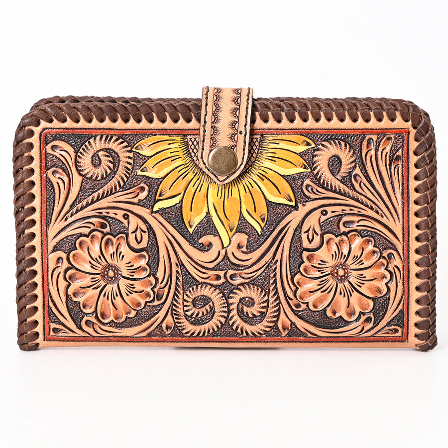 American Darling Hand Tooled Floral Carved Genuine Leather Braided Clutch Bag Vegetable-Tanned Eco-Friendly Western Wallet