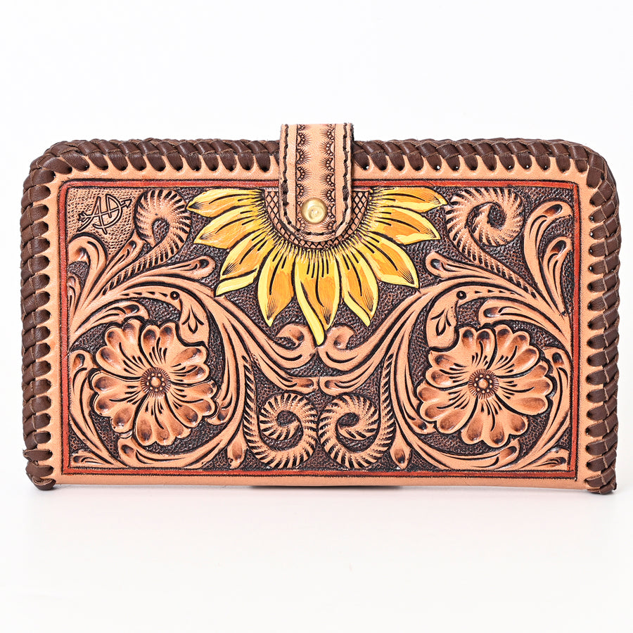 American Darling Hand Tooled Floral Carved Genuine Leather Braided Clutch Bag Vegetable-Tanned Eco-Friendly Western Wallet