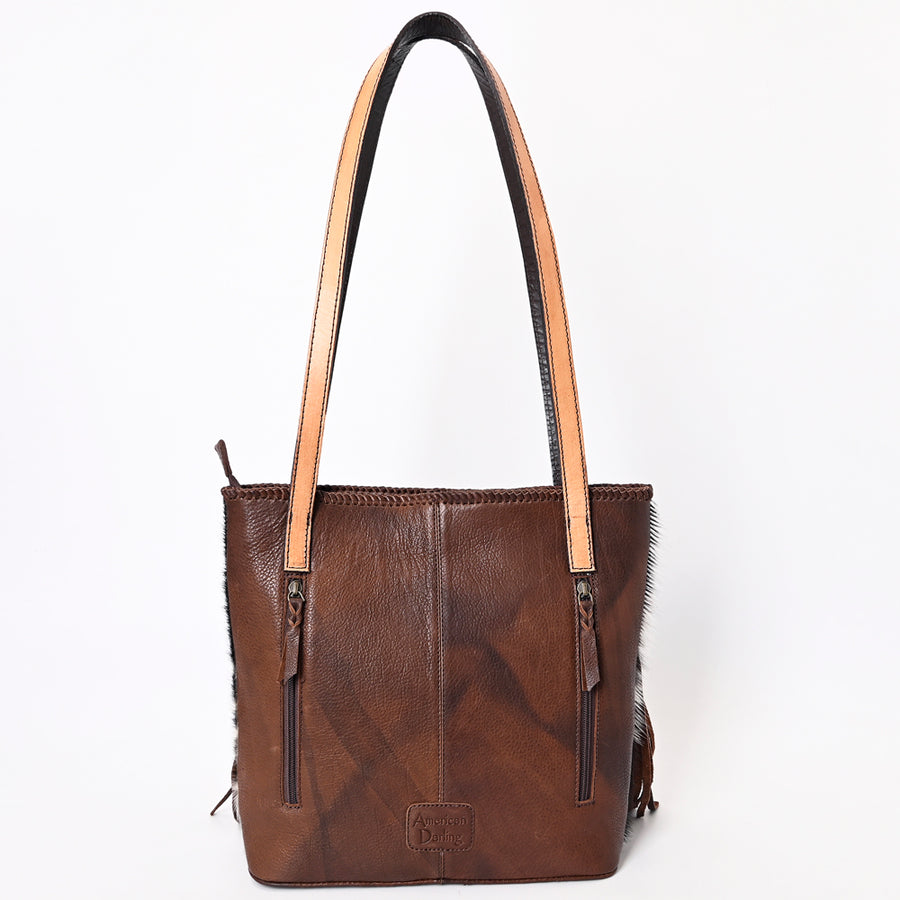 American Darling Hair-On Cowhide Fringe Tote Bag Hand Tooled Floral Carved Buck Stitched Braided Genuine Leather Vegetable-Tanned