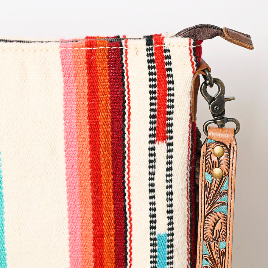 American Darling Large Cross body Bag, Hand Tooled Floral Leather, Hand Woven Saddle Blanket with Fringes, Western Crossbody