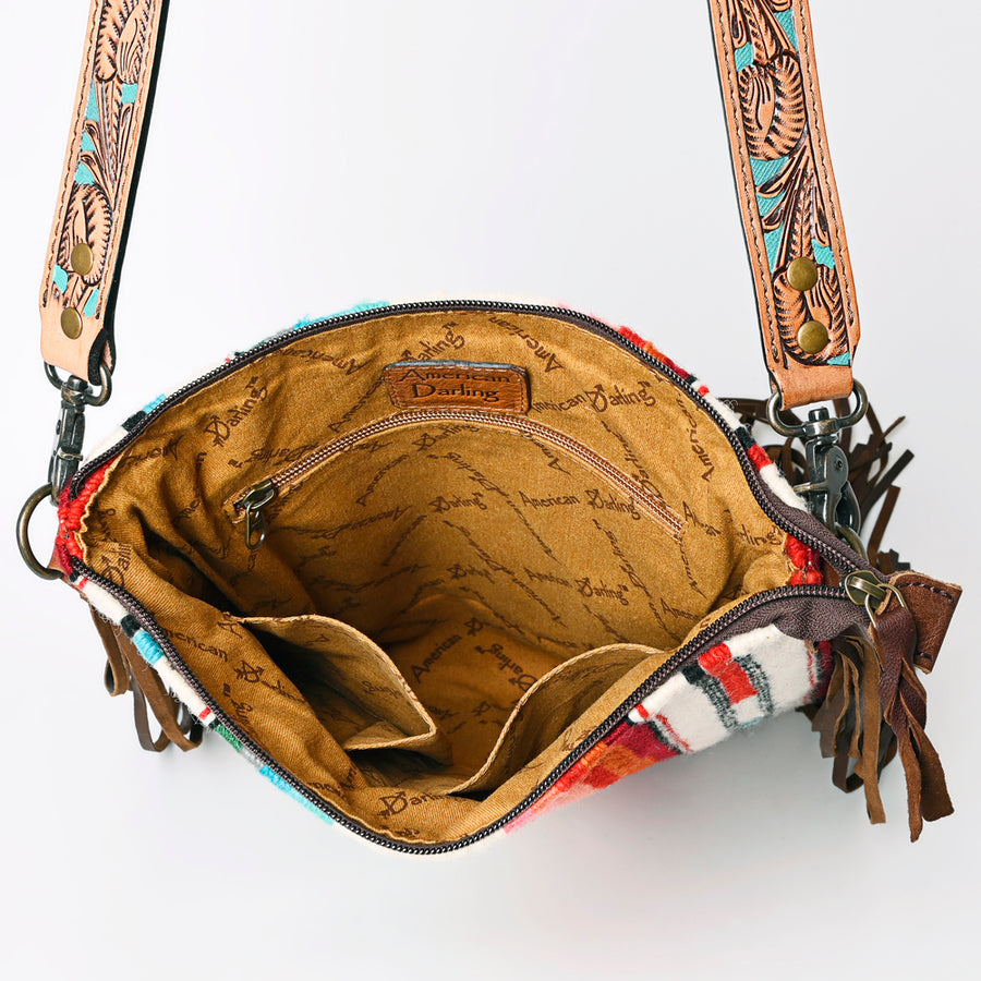 American Darling Large Cross body Bag, Hand Tooled Floral Leather, Hand Woven Saddle Blanket with Fringes, Western Crossbody