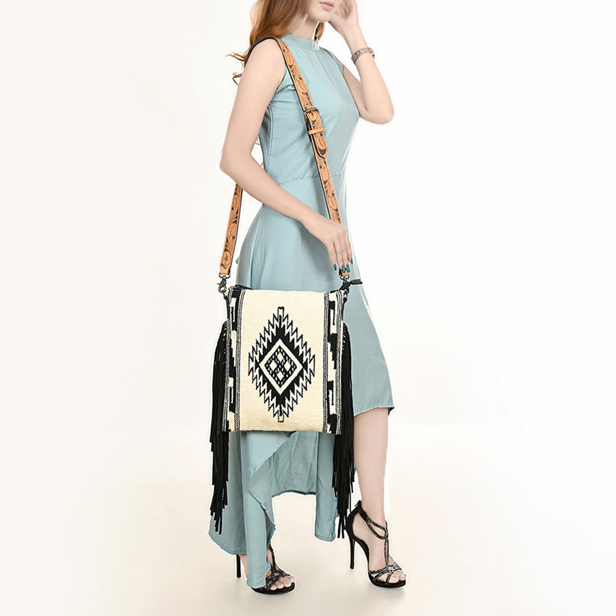 American Darling Large Cross body Bag, Hand Tooled Floral Leather, Hand Woven Saddle Blanket with Fringes, Western Crossbody