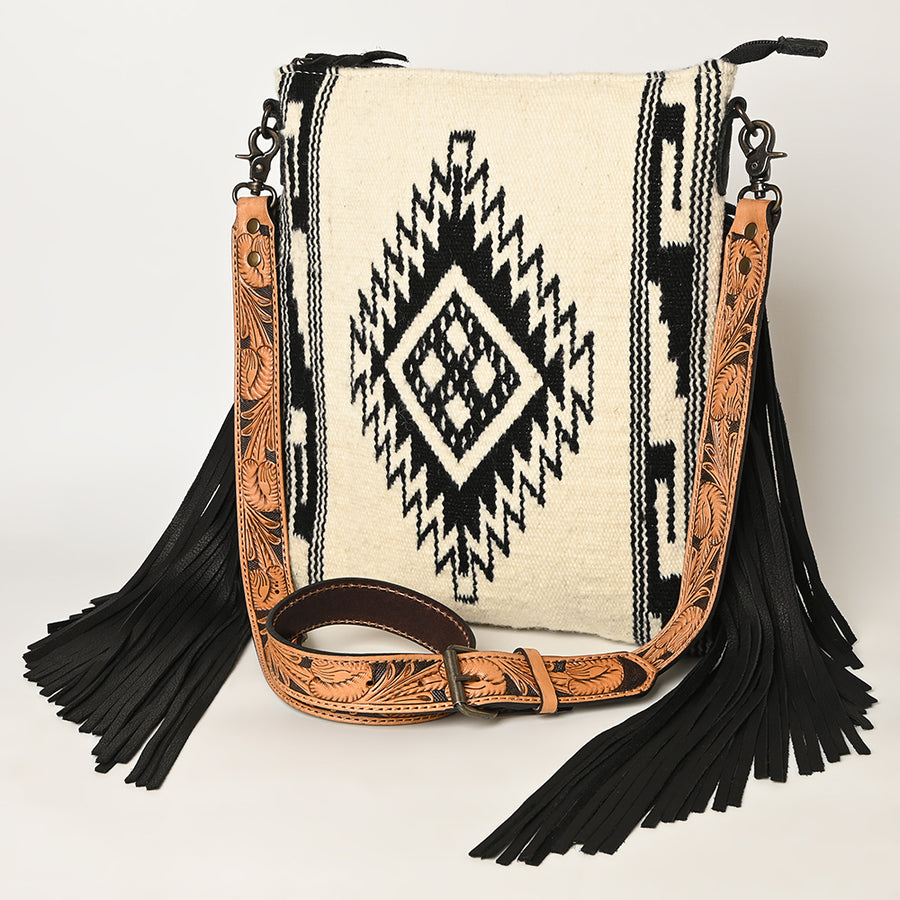 American Darling Large Cross body Bag - Hand Tooled Floral Leather and Woven Saddle Blanket Purse - Uhorse