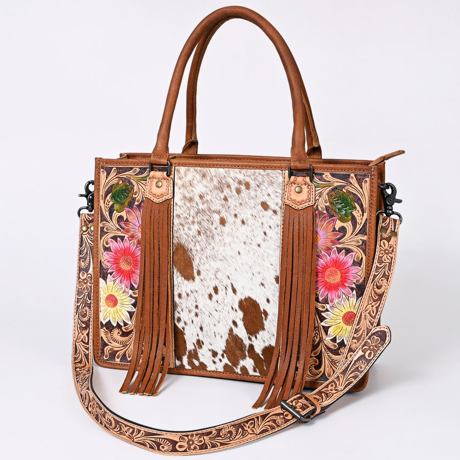 American Darling Western Tote Bag - Handcrafted Hair-On Cowhide and Hand Tooled Leather - Uhorse