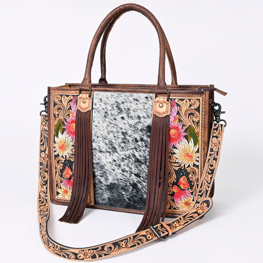American Darling Western Tote Bag - Handcrafted Hair-On Cowhide and Hand Tooled Leather - Uhorse