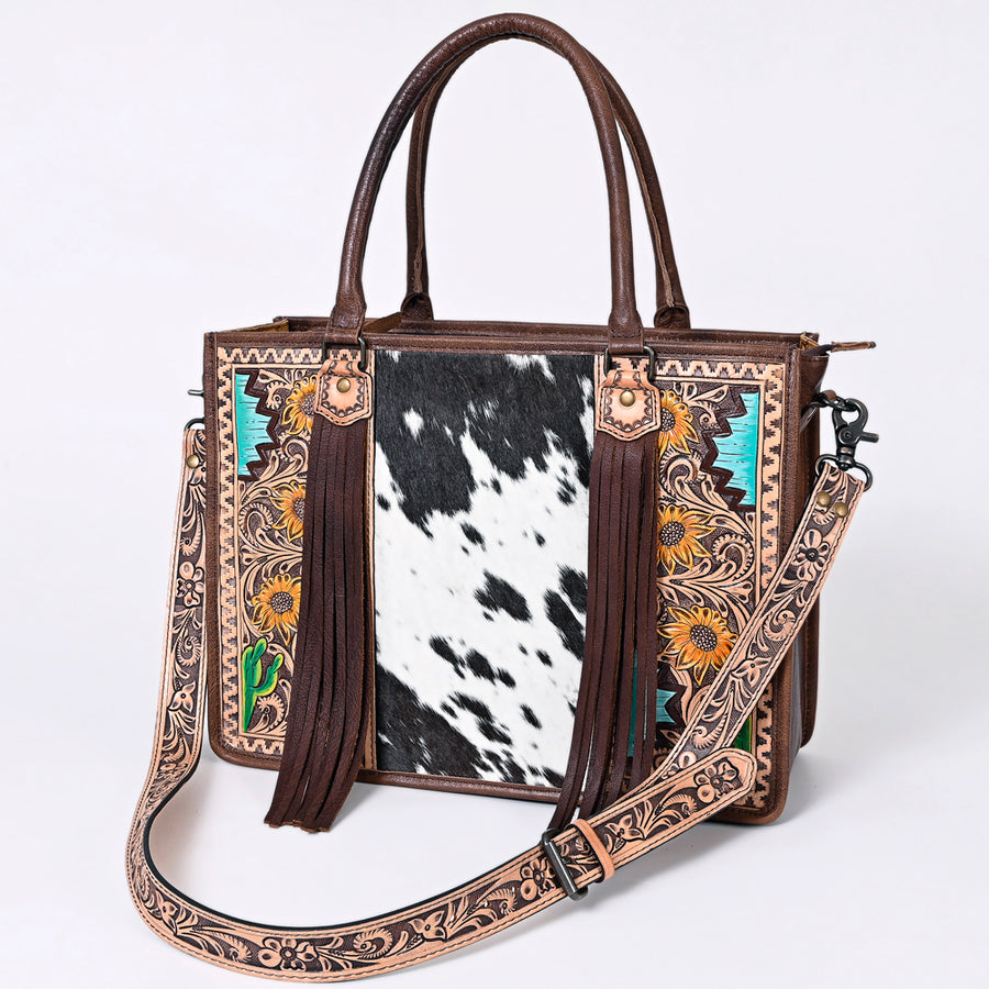 American Darling Western Tote Bag - Handcrafted Hair-On Cowhide and Hand Tooled Leather - Uhorse