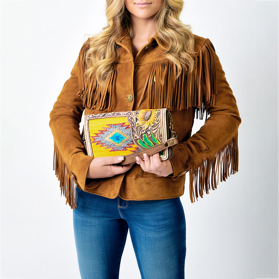 American Darling Western Organizer Bag Hand Woven Saddle Blanket Hand Tooled Leather Small Organizer 4.5in (H) X 8in (W)