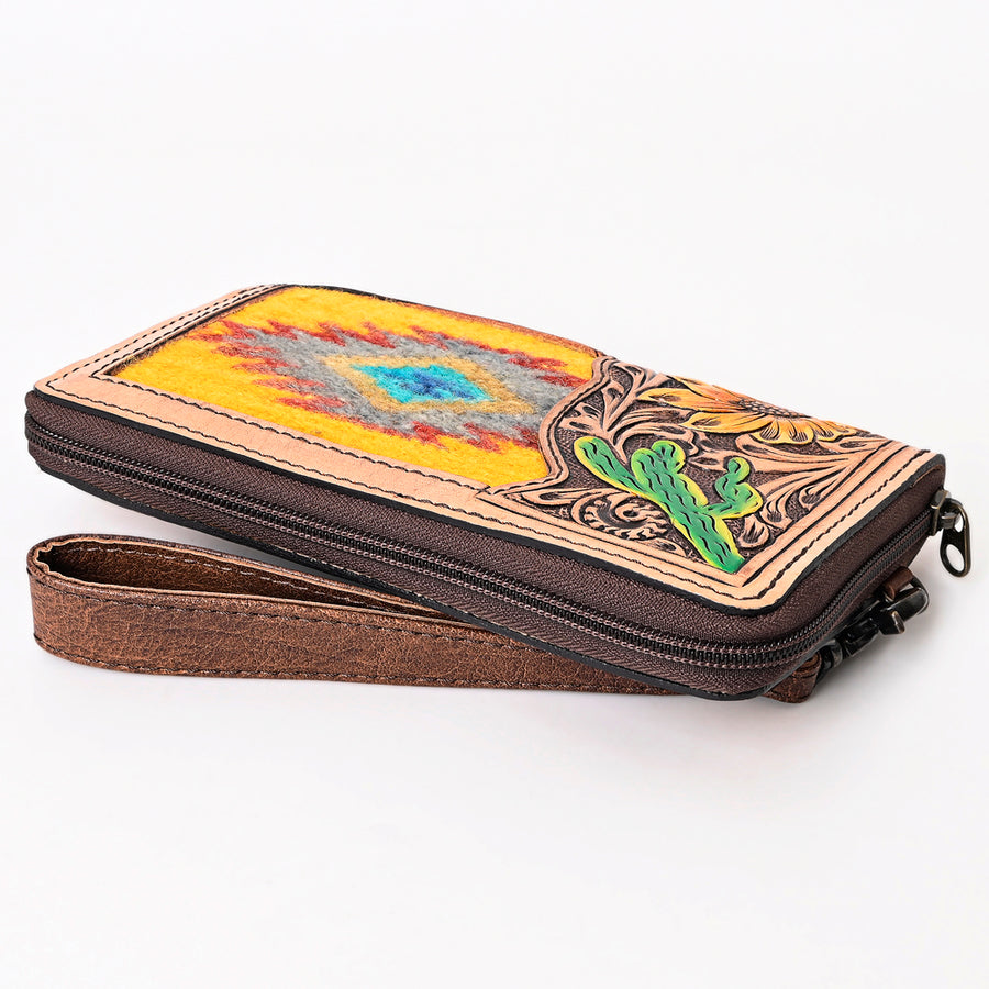 American Darling Western Organizer Bag Hand Woven Saddle Blanket Hand Tooled Leather Small Organizer 4.5in (H) X 8in (W)
