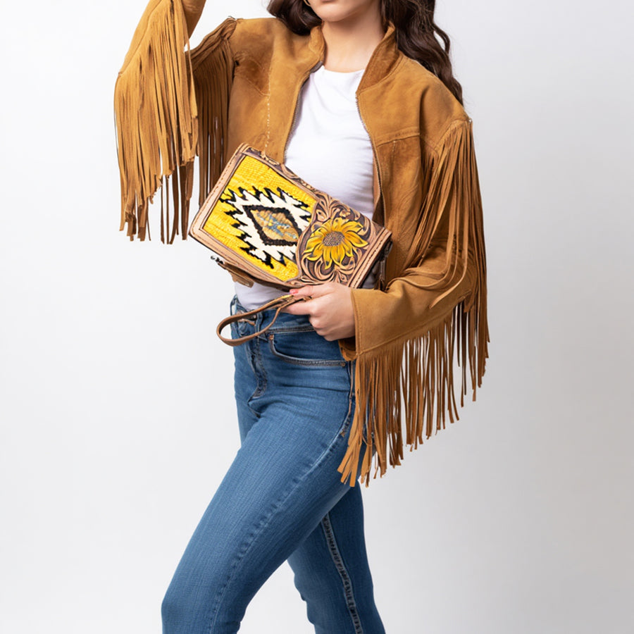 American Darling Western Organizer Bag Hand Woven Saddle Blanket Hand Tooled Leather Small Organizer 4.5in (H) X 8in (W)