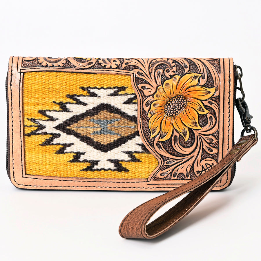 American Darling Western Organizer Bag Hand Woven Saddle Blanket Hand Tooled Leather Small Organizer 4.5in (H) X 8in (W)
