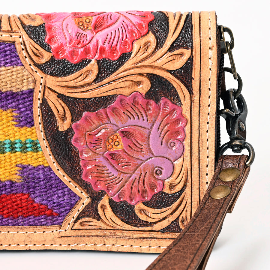 American Darling Western Organizer Bag Hand Woven Saddle Blanket Hand Tooled Leather Small Organizer 4.5in (H) X 8in (W)