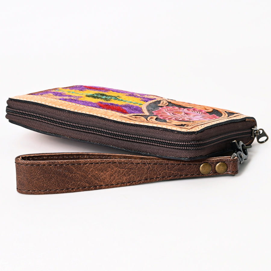 American Darling Western Organizer Bag Hand Woven Saddle Blanket Hand Tooled Leather Small Organizer 4.5in (H) X 8in (W)
