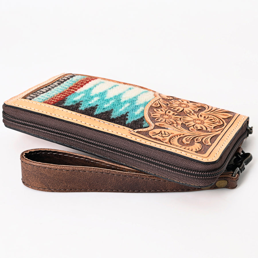 American Darling Western Organizer Bag Hand Woven Saddle Blanket Hand Tooled Leather Small Organizer 4.5in (H) X 8in (W)