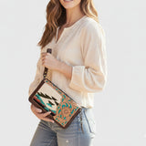 American Darling Western Organizer Bag Hand Woven Saddle Blanket Hand Tooled Leather Small Organizer 4.5in (H) X 8in (W)