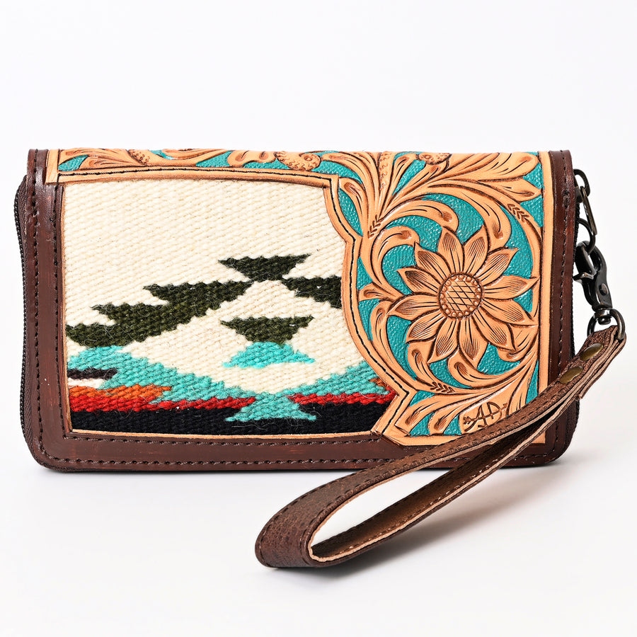 American Darling Western Organizer Bag Hand Woven Saddle Blanket Hand Tooled Leather Small Organizer 4.5in (H) X 8in (W)