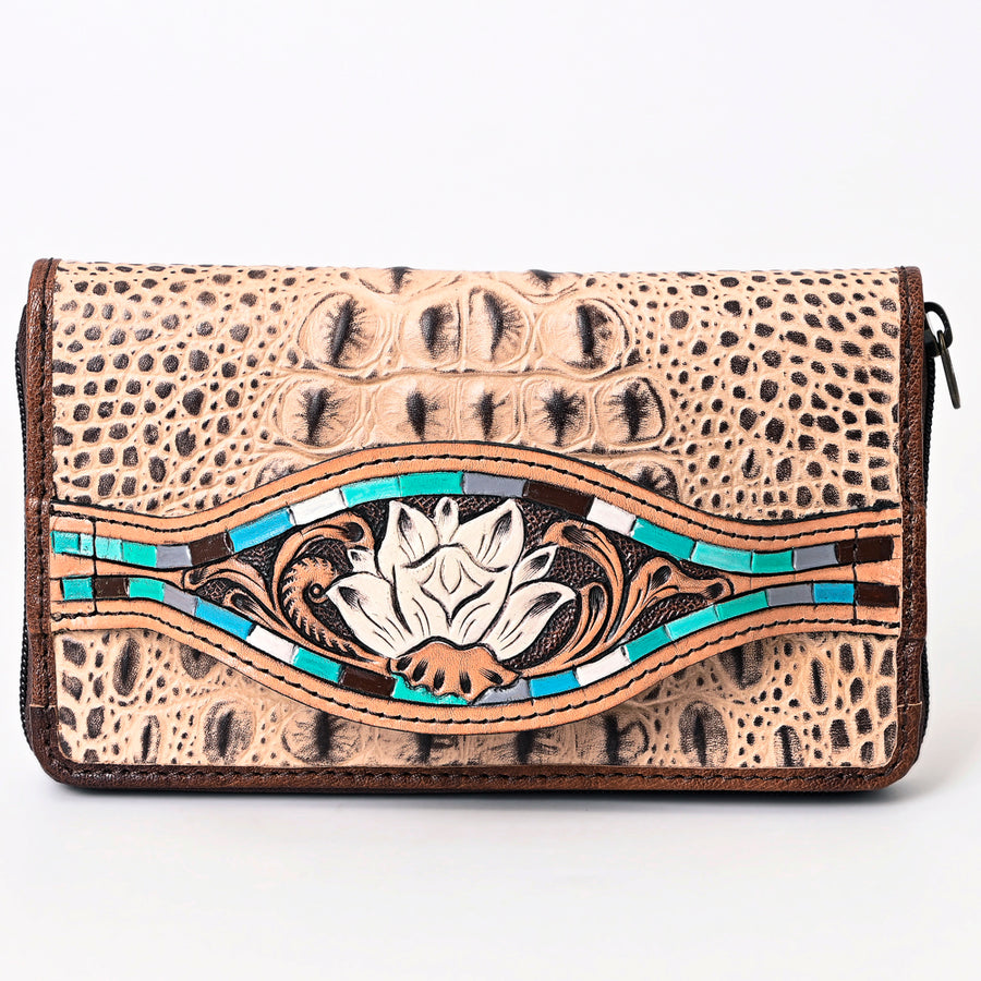 American Darling Western Leather Wallet Bag Crocodile Embossed Genuine Leather Hand Tooled 4.5in (H) X 8in (W)