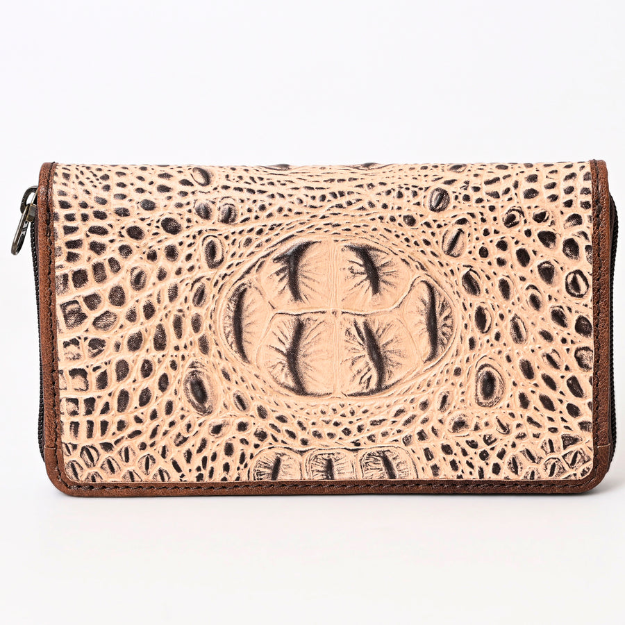 American Darling Western Leather Wallet Bag Crocodile Embossed Genuine Leather Hand Tooled 4.5in (H) X 8in (W)
