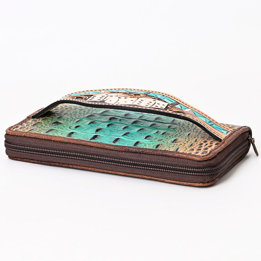 American Darling Western Leather Wallet Bag Crocodile Embossed Genuine Leather Hand Tooled 4.5in (H) X 8in (W)