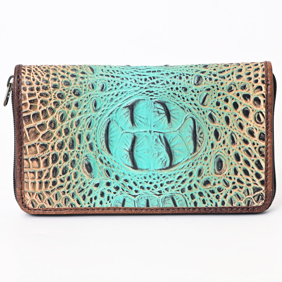 American Darling Western Leather Wallet Bag Crocodile Embossed Genuine Leather Hand Tooled 4.5in (H) X 8in (W)
