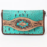 American Darling Western Leather Wallet Bag Crocodile Embossed Genuine Leather Hand Tooled 4.5in (H) X 8in (W)