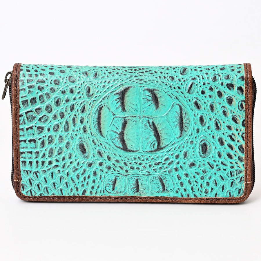 American Darling Western Leather Wallet Bag Crocodile Embossed Genuine Leather Hand Tooled 4.5in (H) X 8in (W)