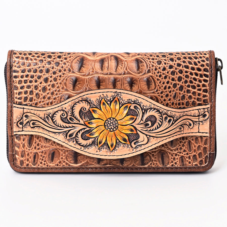 American Darling Western Leather Wallet Bag Crocodile Embossed Genuine Leather Hand Tooled 4.5in (H) X 8in (W)