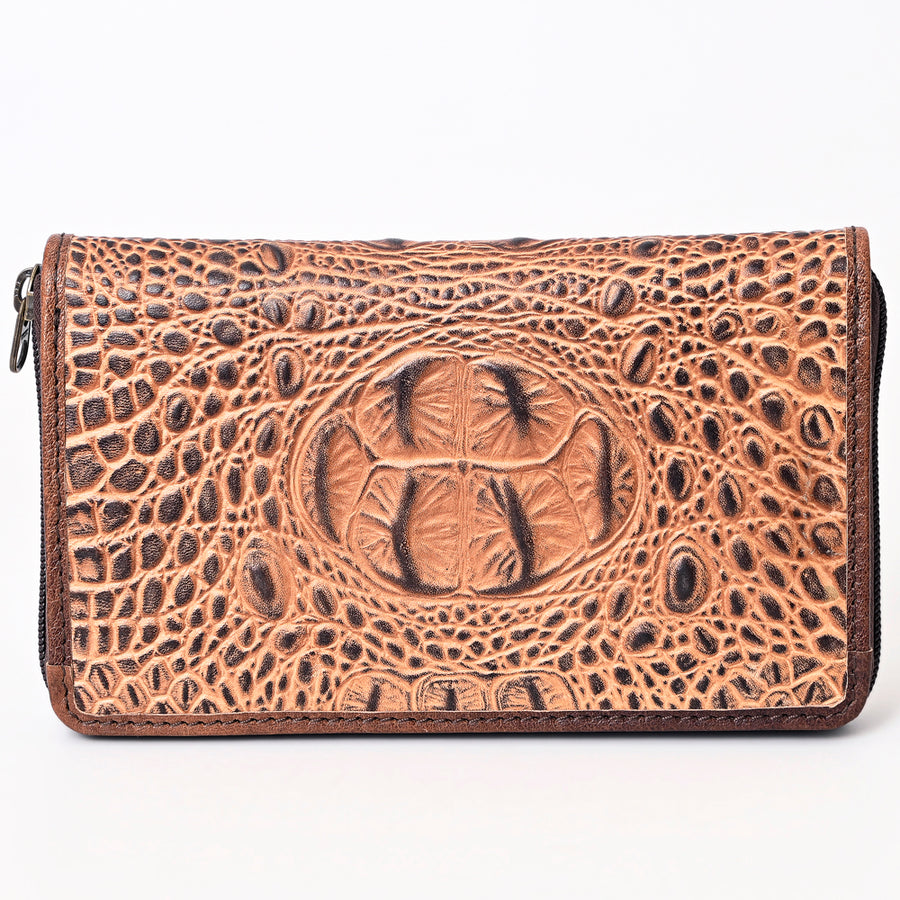American Darling Western Leather Wallet Bag Crocodile Embossed Genuine Leather Hand Tooled 4.5in (H) X 8in (W)