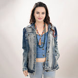 ADJKT018 Genuine leather Hand tooled hand carved Women 100% cotton Denim jacket  dress ladies girl